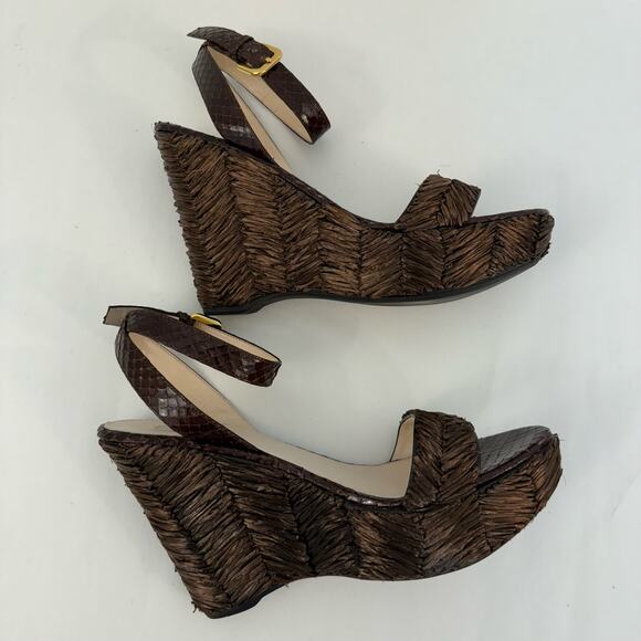 Prada Raffia Wicker Wedge Platform Sandals Dark Brown Open-Toe | IT 40 (US 10) - Picture 4 of 10